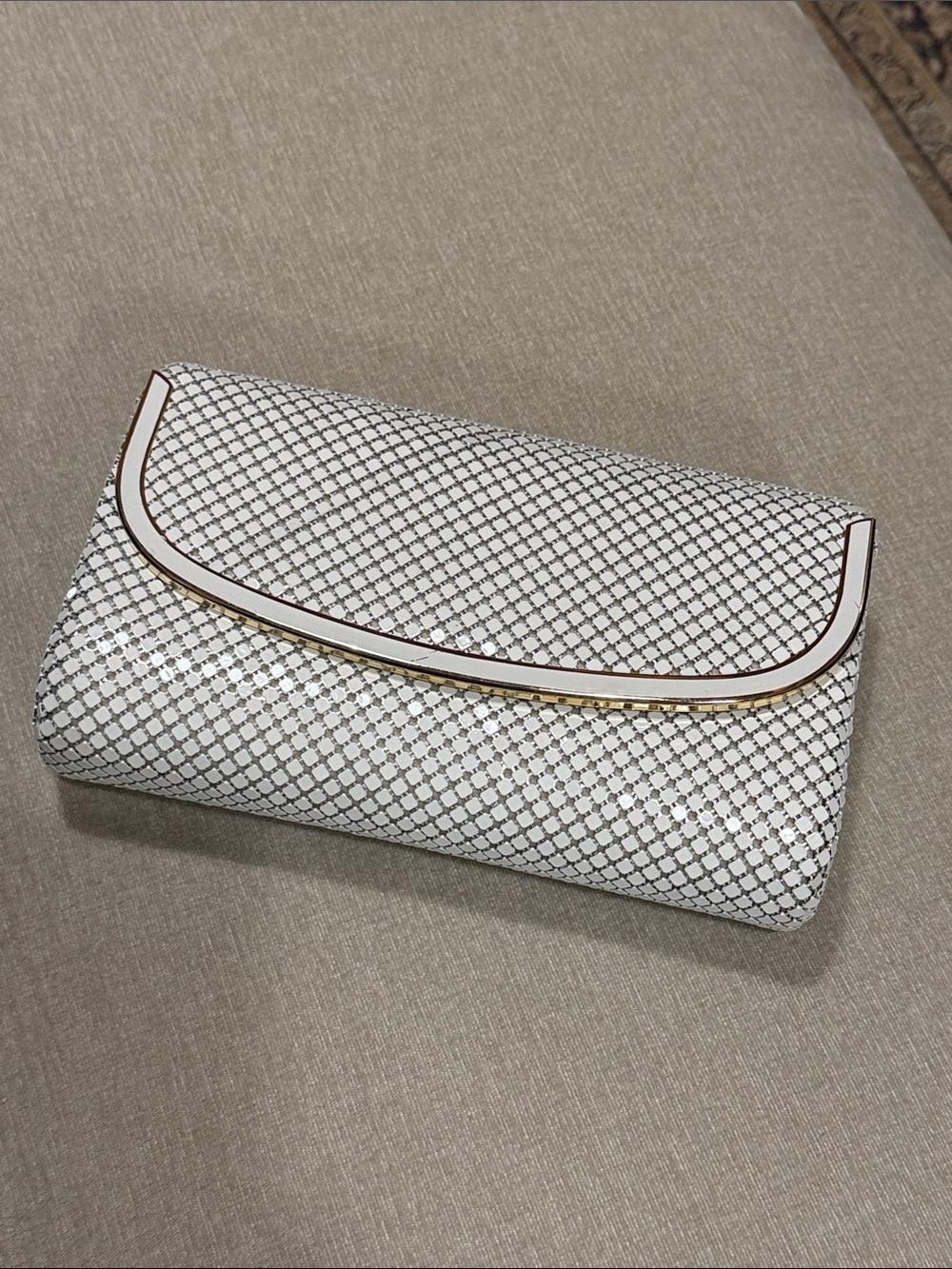 Vintage White Metallic Patterned Evening Clutch with Gold Trim